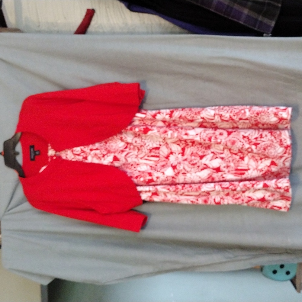 Floral red and white dress with short sweater
